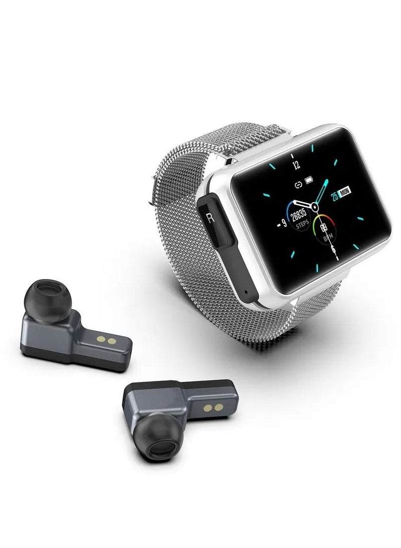 AROAQ T91 2 in 1 TWS Wireless Bluetooth Headset Smart Watch Men 1.4" Big DIY Screen Bluetooth 5.0 Headphone Fitness Tracker Smartwatch Silver  - Image 1