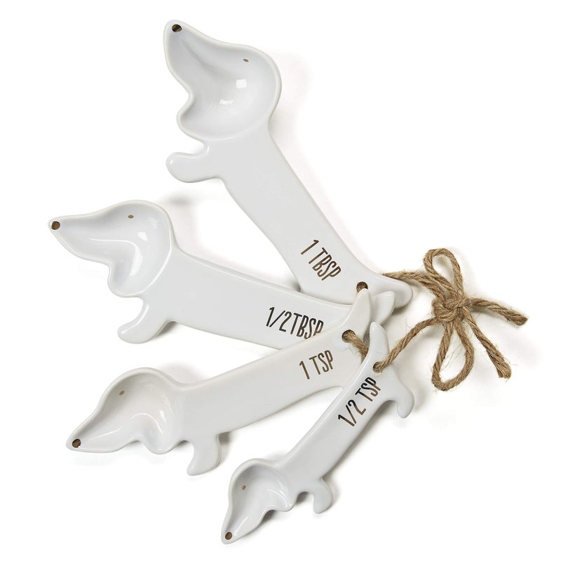 VOTUM White Ceramic Measuring Cups and Spoons Set  Dog Themed Kitchen Accessories with Spoon Rest Cute Dachshund Baking Supplies Dog Lover Gift