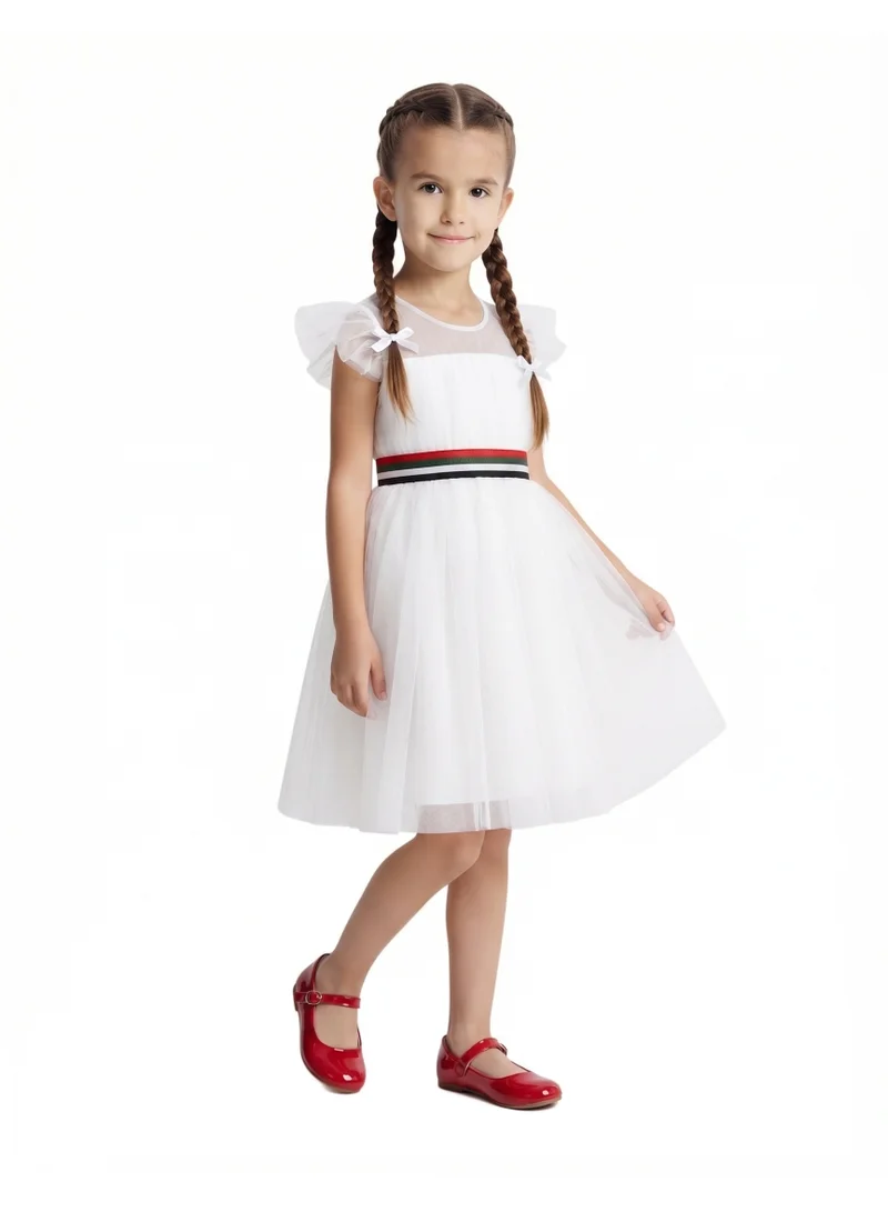 D'daniela Girls White Illusion Neckline Party Dress with Removable UAE Flag Belt
