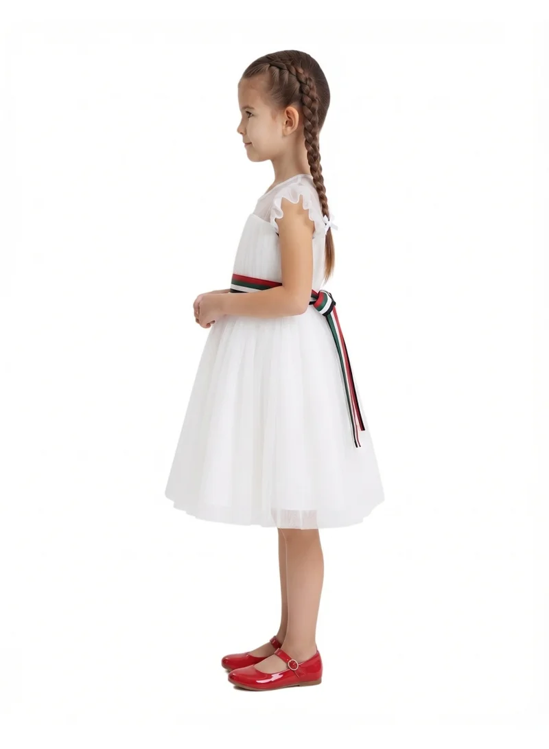 D'daniela Girls White Illusion Neckline Party Dress with Removable UAE Flag Belt