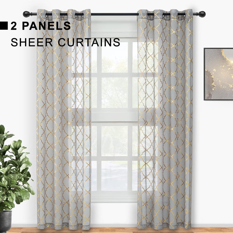 Kotile Grey and Gold Sheer Curtains 108 Inch Length  Geometric Gold Foil Moroccan Grey Sheer Curtains for Bedroom  Grommet Light Filtering Sheer Curtains  52 x 108 Inch  2 Panels  Grey and Gold - Image 2