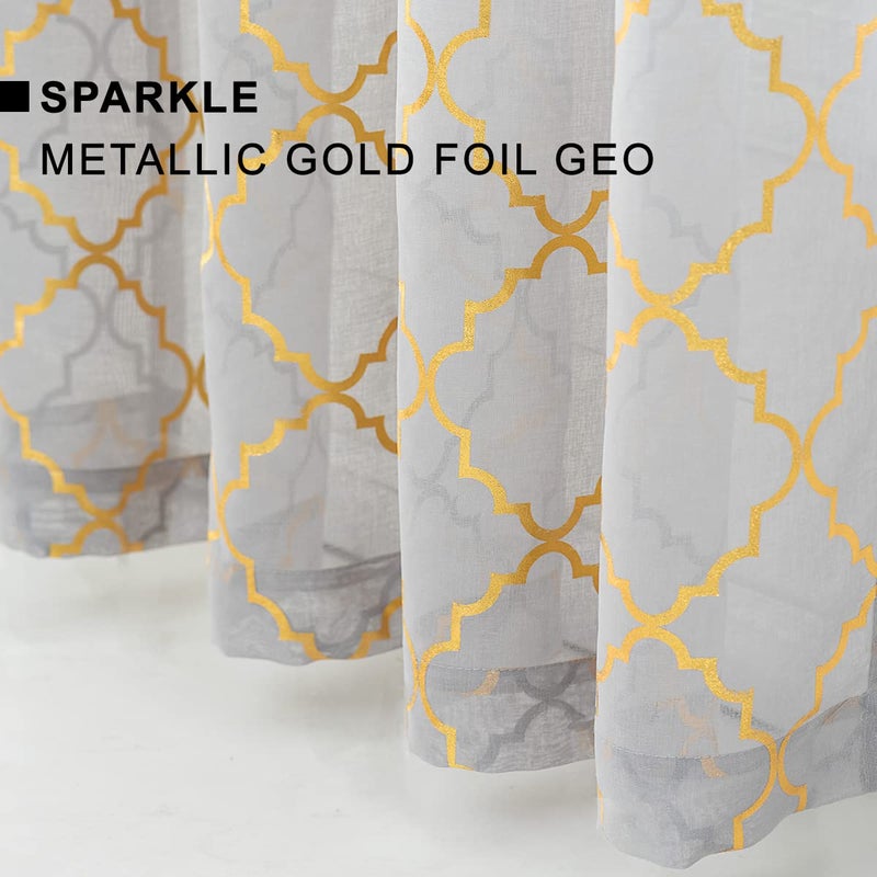 Kotile Grey and Gold Sheer Curtains 108 Inch Length  Geometric Gold Foil Moroccan Grey Sheer Curtains for Bedroom  Grommet Light Filtering Sheer Curtains  52 x 108 Inch  2 Panels  Grey and Gold - Image 5