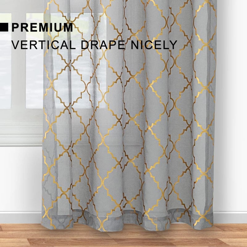 Kotile Grey and Gold Sheer Curtains 108 Inch Length  Geometric Gold Foil Moroccan Grey Sheer Curtains for Bedroom  Grommet Light Filtering Sheer Curtains  52 x 108 Inch  2 Panels  Grey and Gold - Image 4