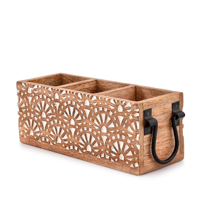 Nirman Mango Wood 3 Compartment Multi Purpose Utensil Cutlery Racks For Cutlery  Napkins  Cups Caddy Organizer (11"" X 4"" X 4.5"") - Image 3