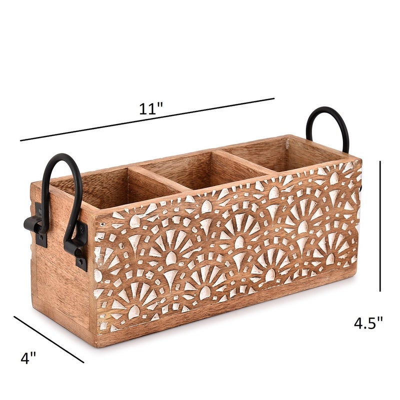 Nirman Mango Wood 3 Compartment Multi Purpose Utensil Cutlery Racks For Cutlery  Napkins  Cups Caddy Organizer (11"" X 4"" X 4.5"") - Image 5