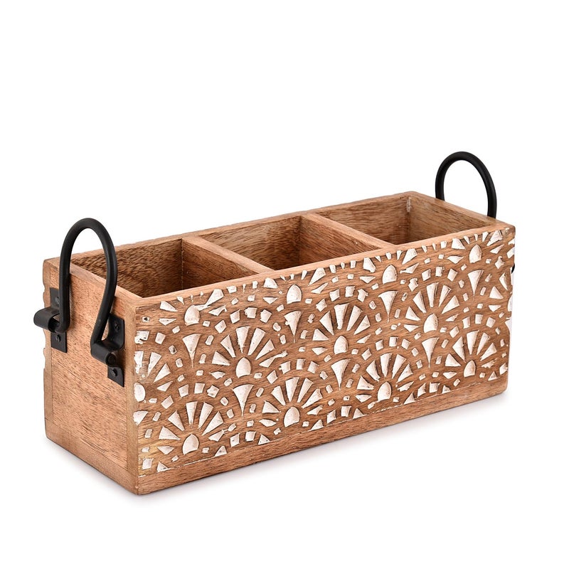 Nirman Mango Wood 3 Compartment Multi Purpose Utensil Cutlery Racks For Cutlery  Napkins  Cups Caddy Organizer (11"" X 4"" X 4.5"") - Image 1