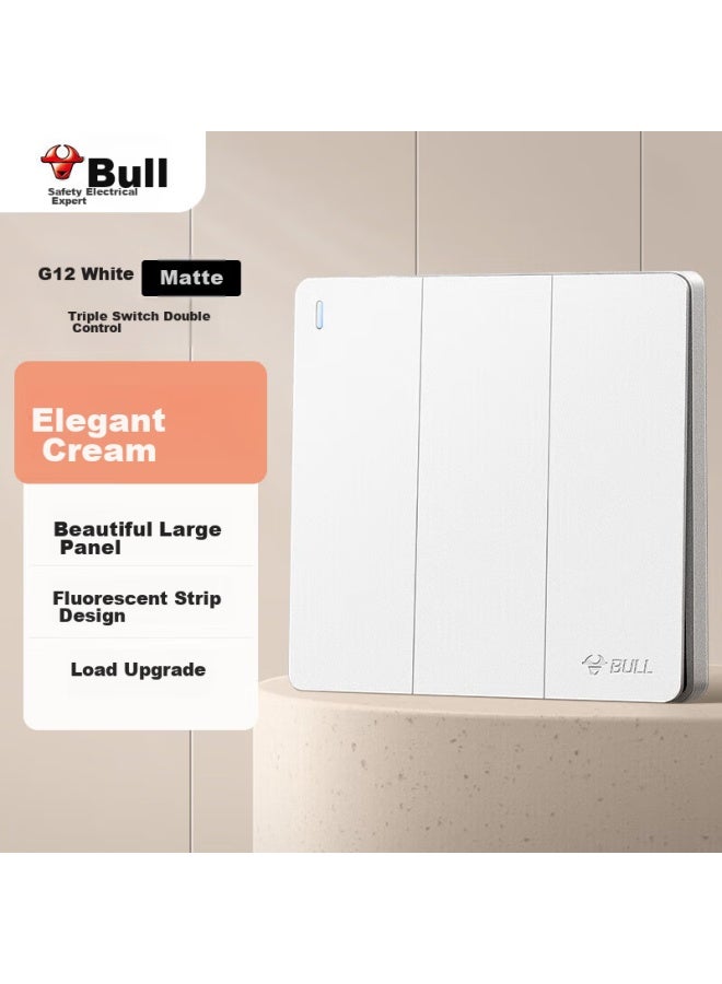 Bull Switch Socket G12 Series, Three-gang Double Control Switch, 86-type Concealed Installation, Large Panel G12k312, Twilight Snow White - Image 1