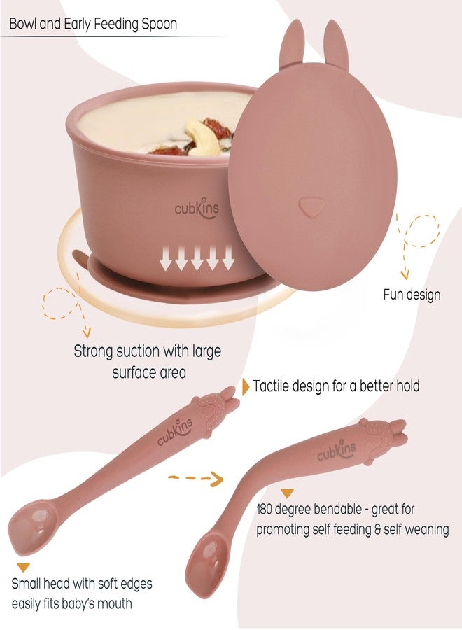 Cubkins Silicone Essential Feeding Set for Babies, Toddlers, Kids | BPA-Free & Microwave Safe | Plate & Bowl w Suction, Sippy Cup w Straw & Lid, Spoon, Fork, Early Feeding Spoon & Bib (Raspberry) - Image 4