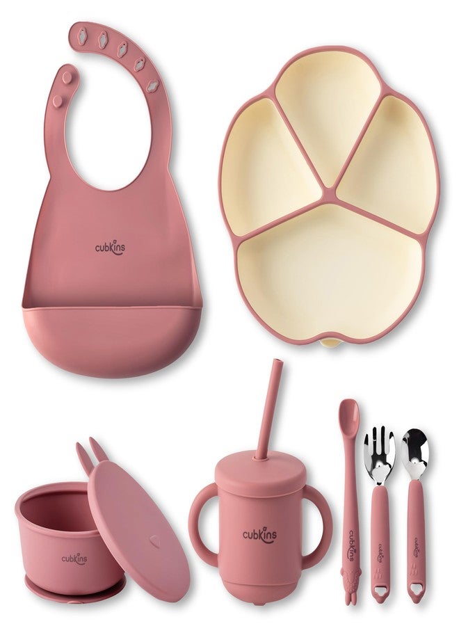 Cubkins Silicone Essential Feeding Set for Babies, Toddlers, Kids | BPA-Free & Microwave Safe | Plate & Bowl w Suction, Sippy Cup w Straw & Lid, Spoon, Fork, Early Feeding Spoon & Bib (Raspberry) - Image 1