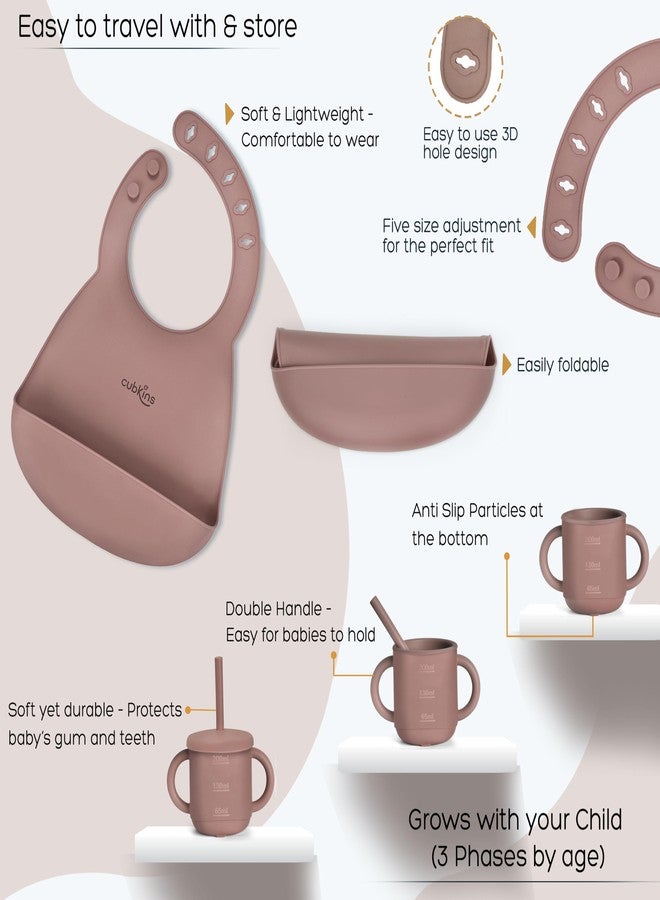 Cubkins Silicone Essential Feeding Set for Babies, Toddlers, Kids | BPA-Free & Microwave Safe | Plate & Bowl w Suction, Sippy Cup w Straw & Lid, Spoon, Fork, Early Feeding Spoon & Bib (Raspberry) - Image 3
