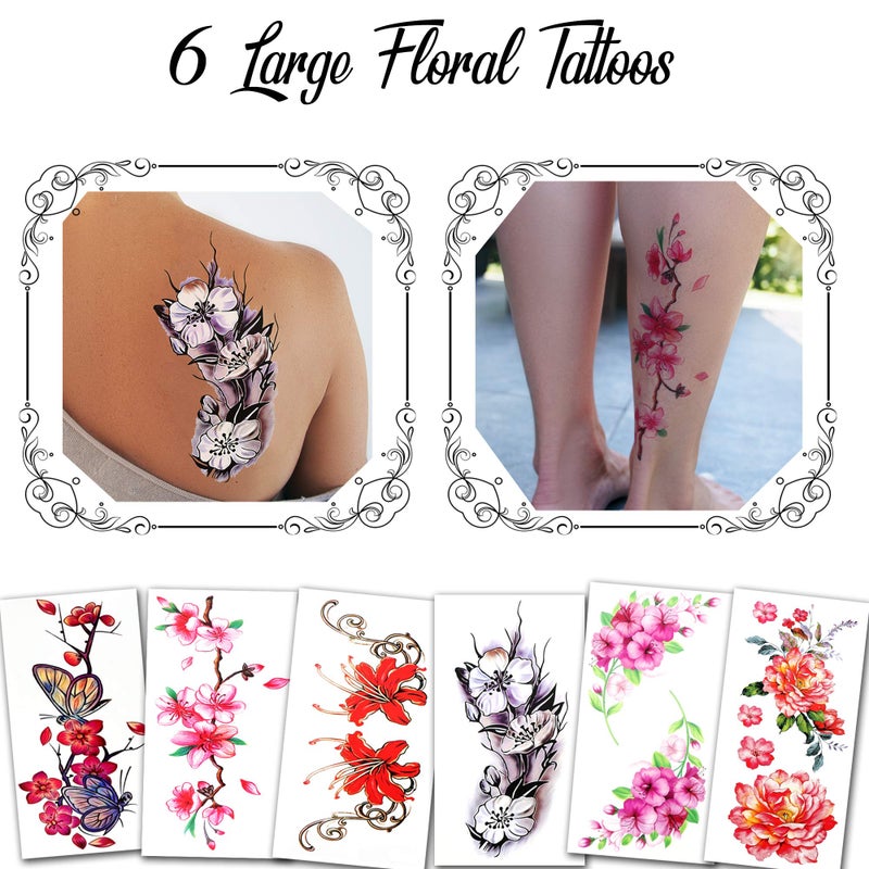 Temporary Tattoos for Women and Girls  Flowers Roses Butterflies  Waterproof Fake Tattoos  Halloween Costume Cosplay 6 Large Floral Tattoos B  6 Sheets