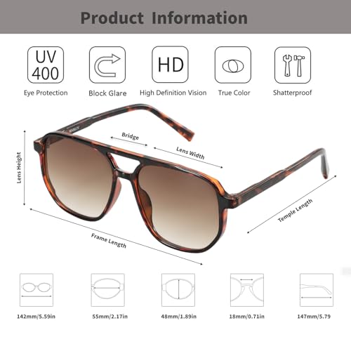 hnbliv Retro Aviator Sunglasses for Women & Men Lightweight Square Shade UV400 Protection Unisex Tortoise Shell Sun Glasses - Image 4