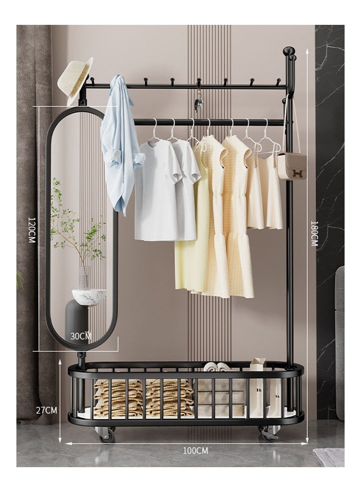 keke Thickened Large Coat Rack, Obsidian Black, 100cm [Rotating Mirror, 4-Hook Storage Basket, Universal Wheels] - Image 2