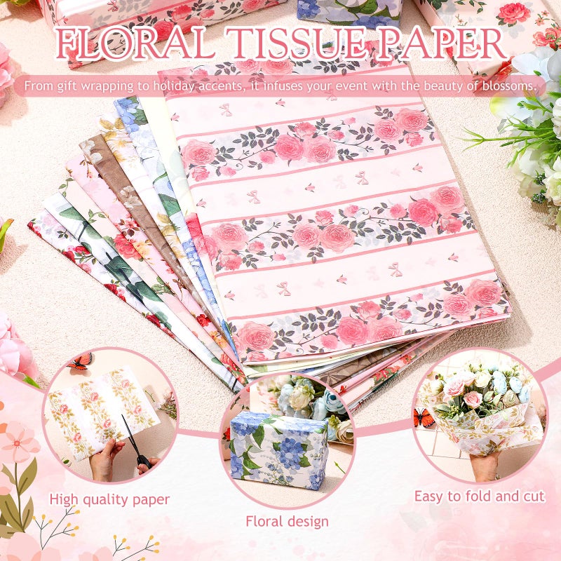 Honoson 90 Sheets Floral Tissue Paper Printed Flower DIY Art Craft Wrapping Paper for Gift Bags Bulk for Wedding Bridal Shower Birthday Party Favor Supplies Decoration, 19.7 x 13.8 Inch(Vivid) - Image 3