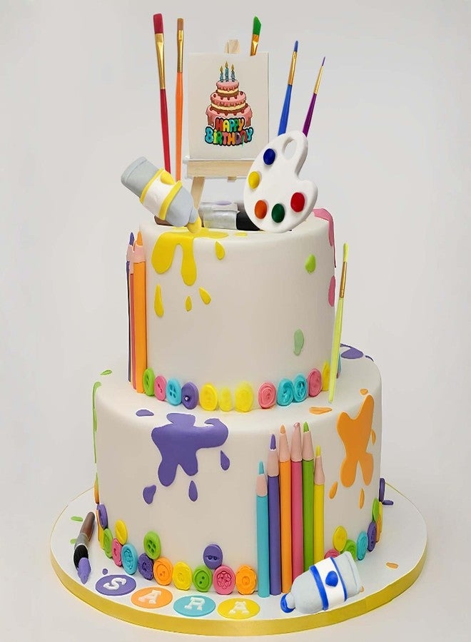 Qoadwem Art Paint Cake Toppers, Qoadwem Art Painting Cake Toppers Paint Cake Decorations With Paint Pen Pigment Plate Palette For Kids Birthday Artist Themed Cake Decor - Image 4