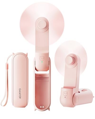 GAIATOP Portable Handheld Fan, 3 IN 1 Mini Foldable Travel Fans [17H Max Cooling Time] with Power Bank, Pocket Design USB Rechargeable for Travel Concert Lash Makeup, Summer Gifts for Women Girl, Pink - Image 1