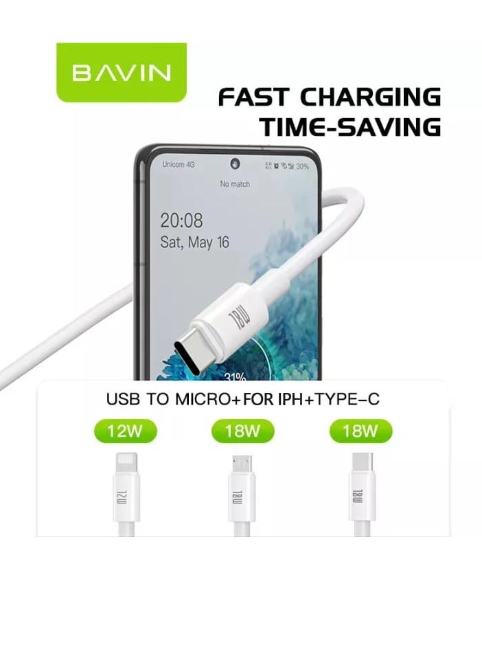 Bavin CB253 18W USB to Type-c Fast Charging Data Cable 2 Meter White - Image 3