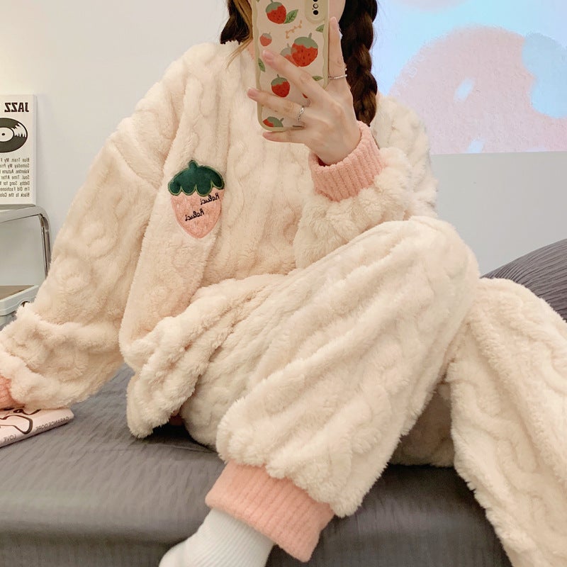 Womens Long Sleeve Fluffy Pajama Set Strawberry 