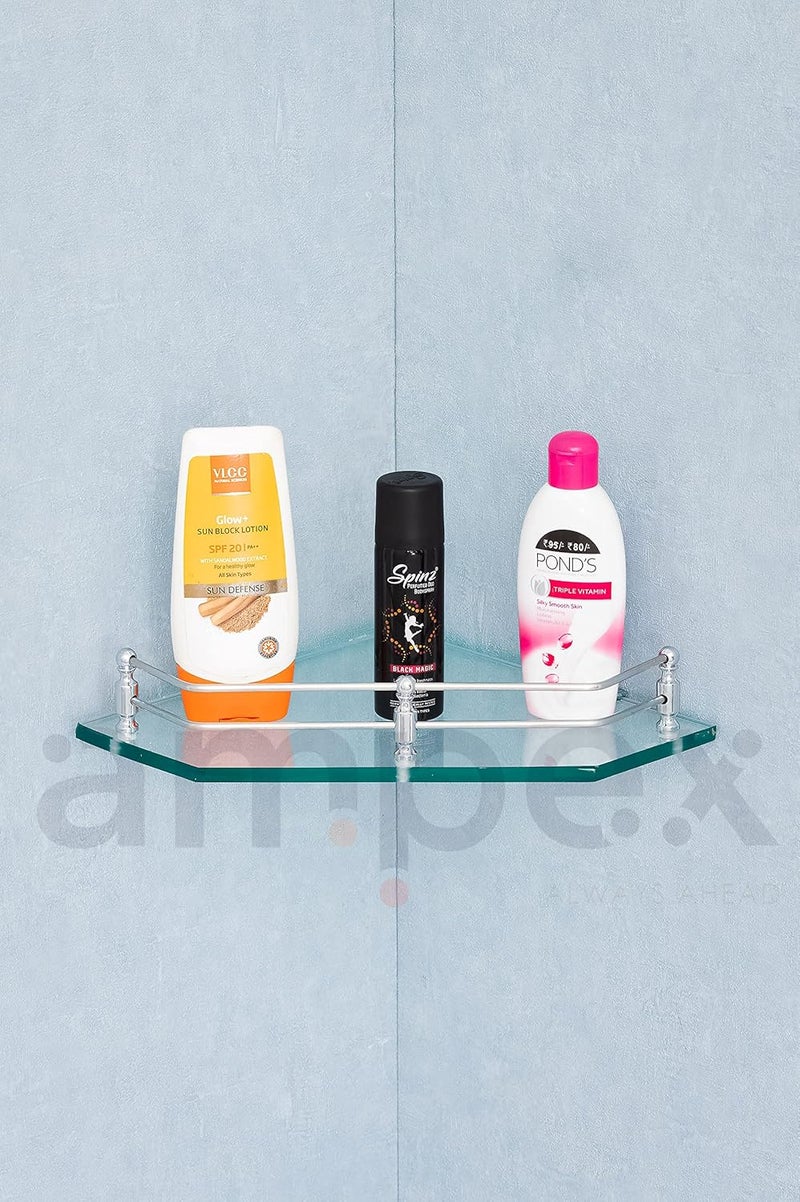 AMPEX Transparent Clear Glass Shelf for Bathroom AccesoriesWall ShelfStorage ShelfShelvesWall Mount Stand for Home Decore 9x9 InchesGlossey Flower Clear Glass Corner ShelfPack of 1 - Image 1