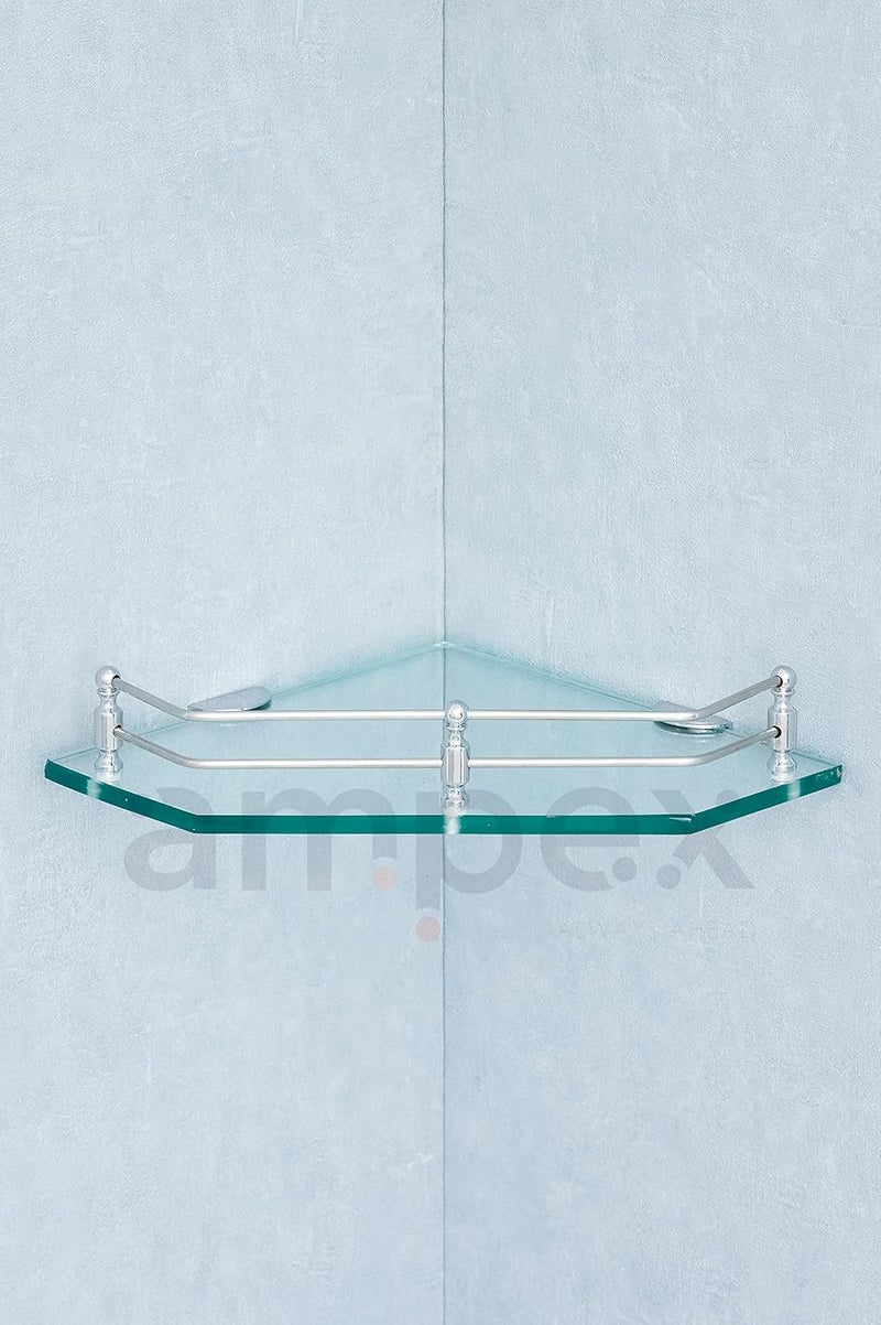 AMPEX Transparent Clear Glass Shelf for Bathroom AccesoriesWall ShelfStorage ShelfShelvesWall Mount Stand for Home Decore 9x9 InchesGlossey Flower Clear Glass Corner ShelfPack of 1 - Image 4