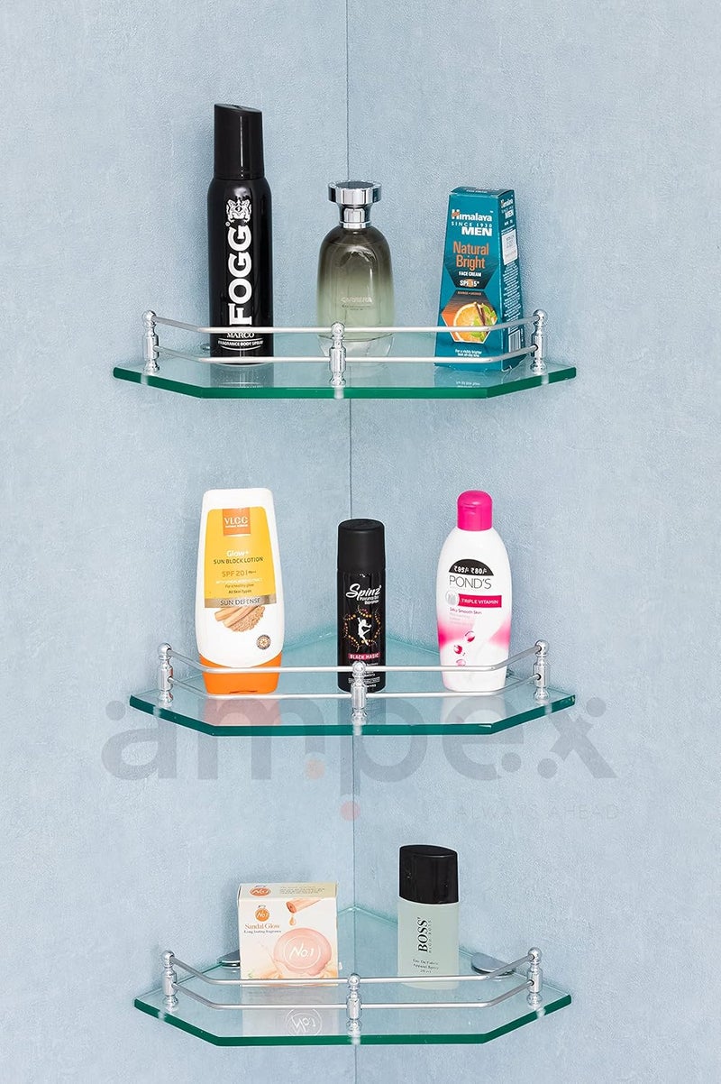 AMPEX Transparent Clear Glass Shelf for Bathroom AccesoriesWall ShelfStorage ShelfShelvesWall Mount Stand for Home Decore 9x9 InchesGlossey Flower Clear Glass Corner ShelfPack of 1 - Image 5