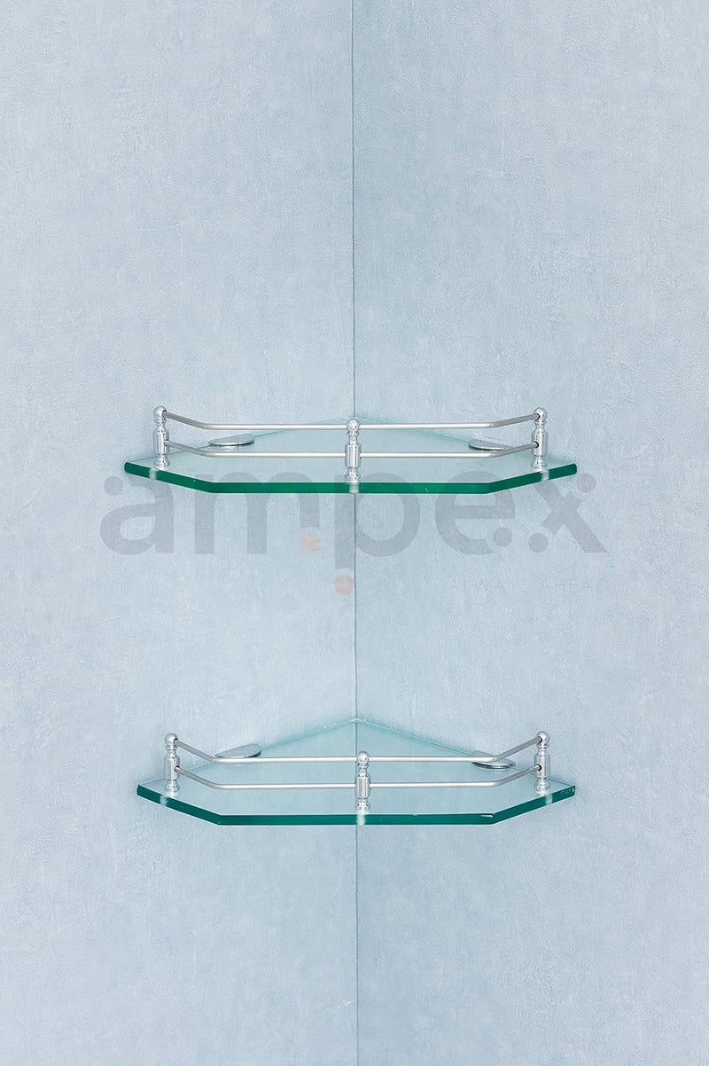 AMPEX Transparent Clear Glass Shelf for Bathroom AccesoriesWall ShelfStorage ShelfShelvesWall Mount Stand for Home Decore 9x9 InchesGlossey Flower Clear Glass Corner ShelfPack of 1 - Image 2