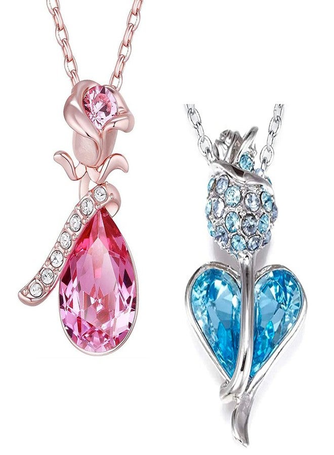 Okos Crystal Jewellery Combo Of 2 Rhodium And Rose Gold Plated Heart And Drop Alloy Pendant Studded With Multi Color (Blue, Pink) Crystal Stones For Girls And Women CO1000382 - Image 1