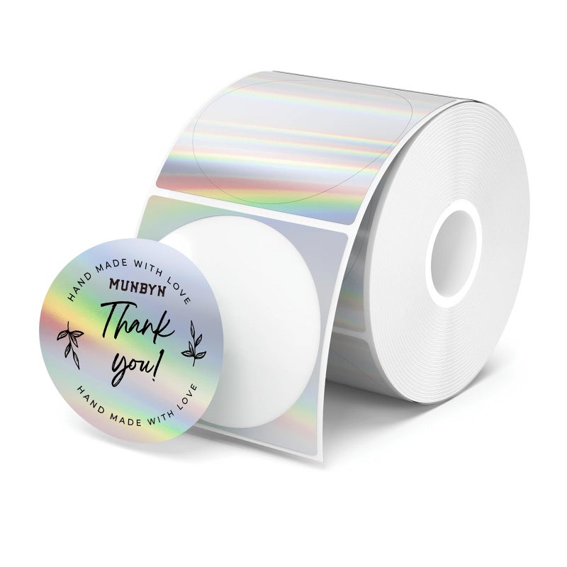 MUNBYN 2" Circle Holographic Thermal Labels, Round Printable Rainbow Glitter Thermal Printer Sticker Labels for Gift Wrapping, Self-Adhesive Name Price Tag DIY Custom Logo Design, 400 Sheets/1 Roll - Image 1