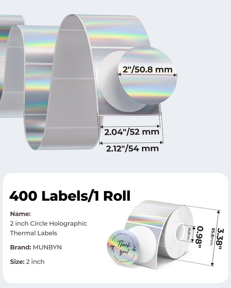 MUNBYN 2" Circle Holographic Thermal Labels, Round Printable Rainbow Glitter Thermal Printer Sticker Labels for Gift Wrapping, Self-Adhesive Name Price Tag DIY Custom Logo Design, 400 Sheets/1 Roll - Image 2