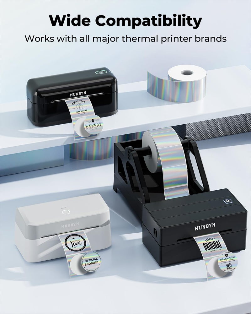 MUNBYN 2" Circle Holographic Thermal Labels, Round Printable Rainbow Glitter Thermal Printer Sticker Labels for Gift Wrapping, Self-Adhesive Name Price Tag DIY Custom Logo Design, 400 Sheets/1 Roll - Image 3