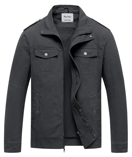 Pursky Men's Field Cargo Work Lapel Coat Military Canvas Jacket With Removable Hood Grey L - Image 1