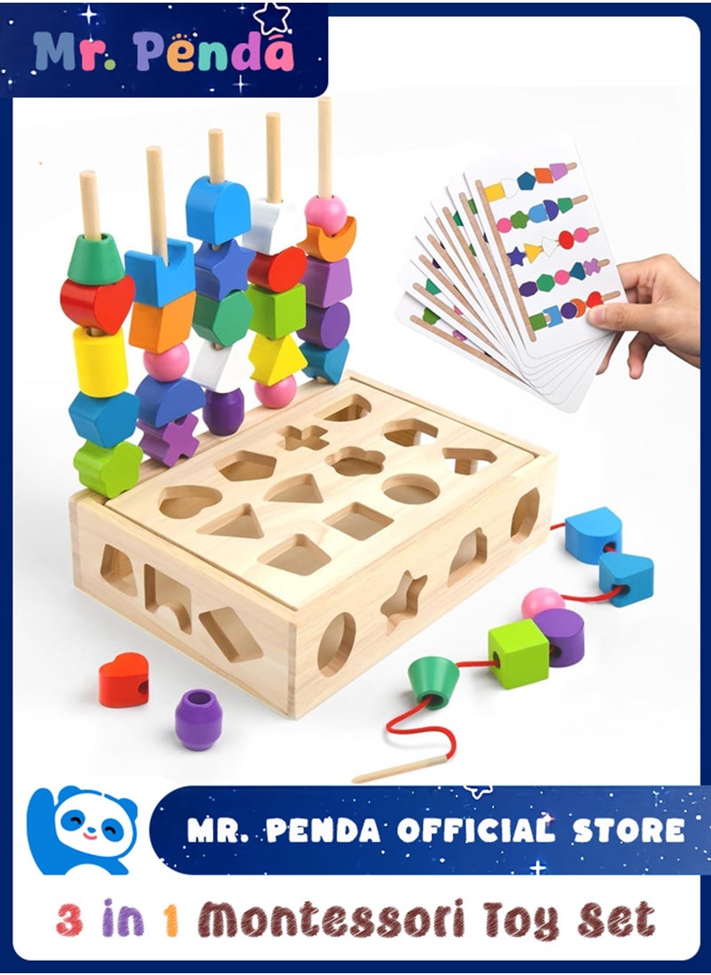 Mr. Penda - 3 in 1 Montessori Wooden Sorting and Lacing Toy Set, Geometric Shape Matching Beads Sequencing Game for Toddlers, Color Sorting Stacking Fine Motor Skills Learning Toys for Kids Age 3+ - Image 1