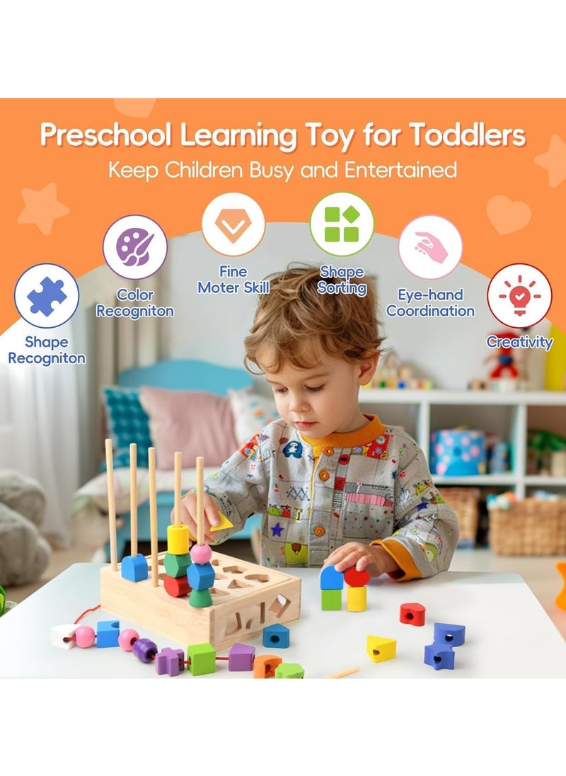 Mr. Penda - 3 in 1 Montessori Wooden Sorting and Lacing Toy Set, Geometric Shape Matching Beads Sequencing Game for Toddlers, Color Sorting Stacking Fine Motor Skills Learning Toys for Kids Age 3+ - Image 1