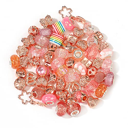 Finrray 60 Pieces European Rhinestone Beads Spacer Charms Bead Crystal Resin Metal Glass Beads Assortments with Large Hole for Bracelets Necklaces Jewelry Making DIY Crafts (Pink) - Image 2