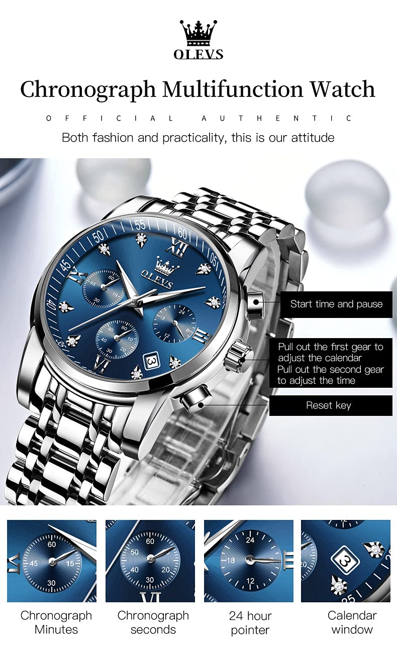 OLEVS Men Watches with Date Bussiness Watches for Male Luminous Quartz Mens Watches Waterproof with Stainless Steel Strap Stopwatch Timing Function (Silver Band Blue dial) - Image 2