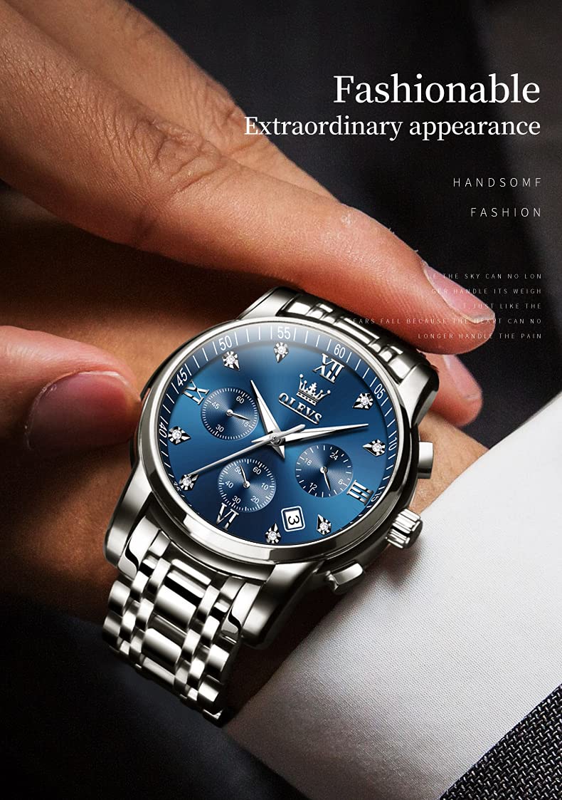 OLEVS Men Watches with Date Bussiness Watches for Male Luminous Quartz Mens Watches Waterproof with Stainless Steel Strap Stopwatch Timing Function (Silver Band Blue dial) - Image 4