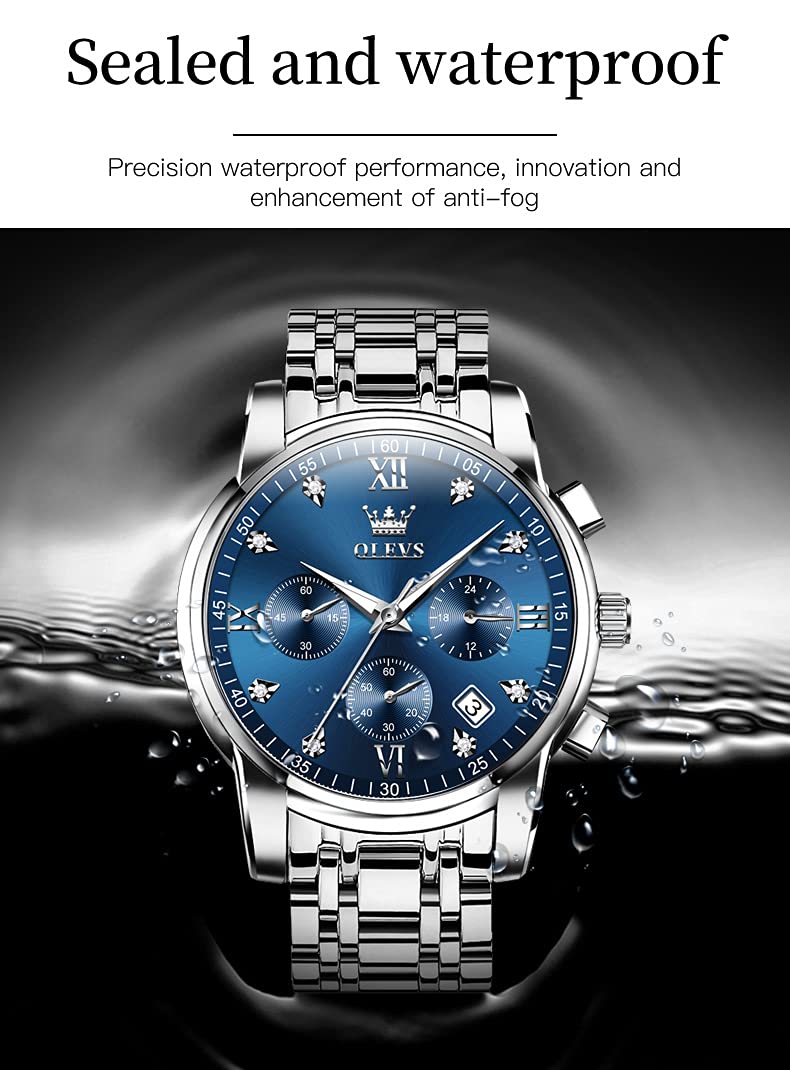 OLEVS Men Watches with Date Bussiness Watches for Male Luminous Quartz Mens Watches Waterproof with Stainless Steel Strap Stopwatch Timing Function (Silver Band Blue dial) - Image 3