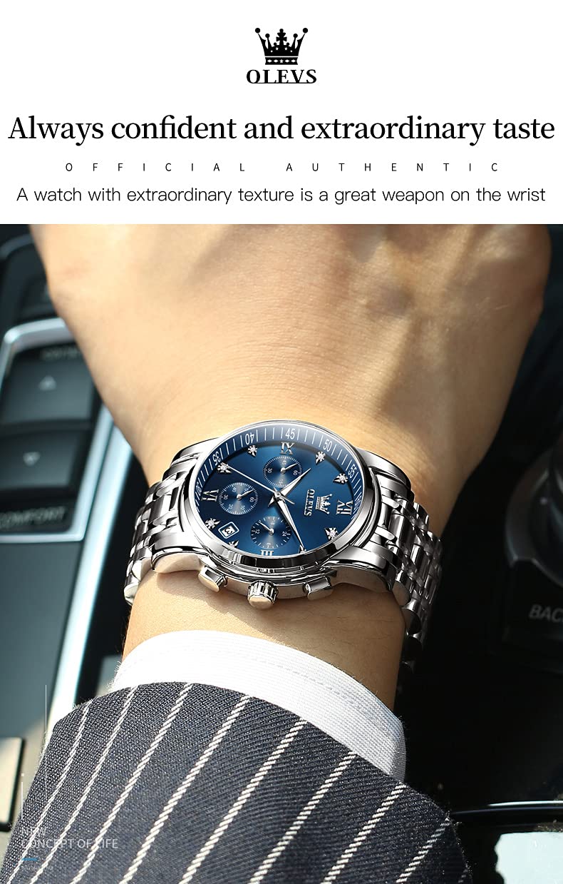 OLEVS Men Watches with Date Bussiness Watches for Male Luminous Quartz Mens Watches Waterproof with Stainless Steel Strap Stopwatch Timing Function (Silver Band Blue dial) - Image 5