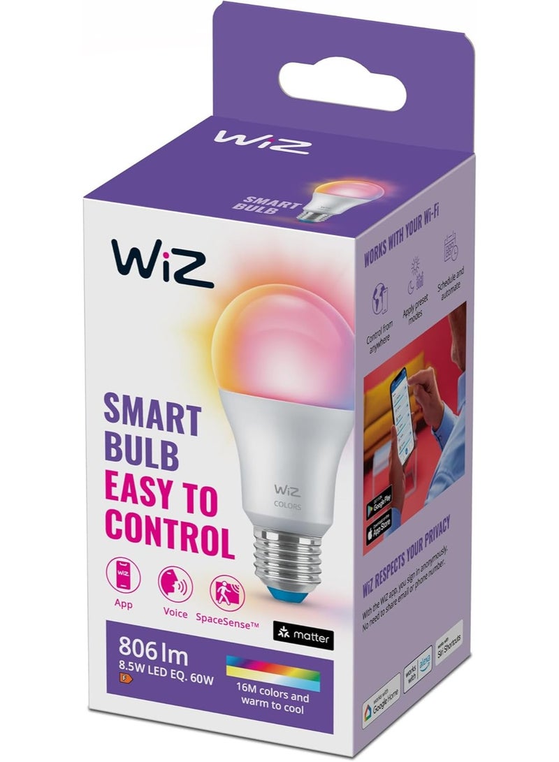 Wiz مصباح LED ذكي A60 E27 يعادل 60 واط، 16 مليون لون + أبيض قابل للتعديل، 806 لومن، تحكم عبر واي فاي + بلوتوث وتطبيق، متوافق مع أمازون أليكسا، مساعد جوجل وسيري - Image 1