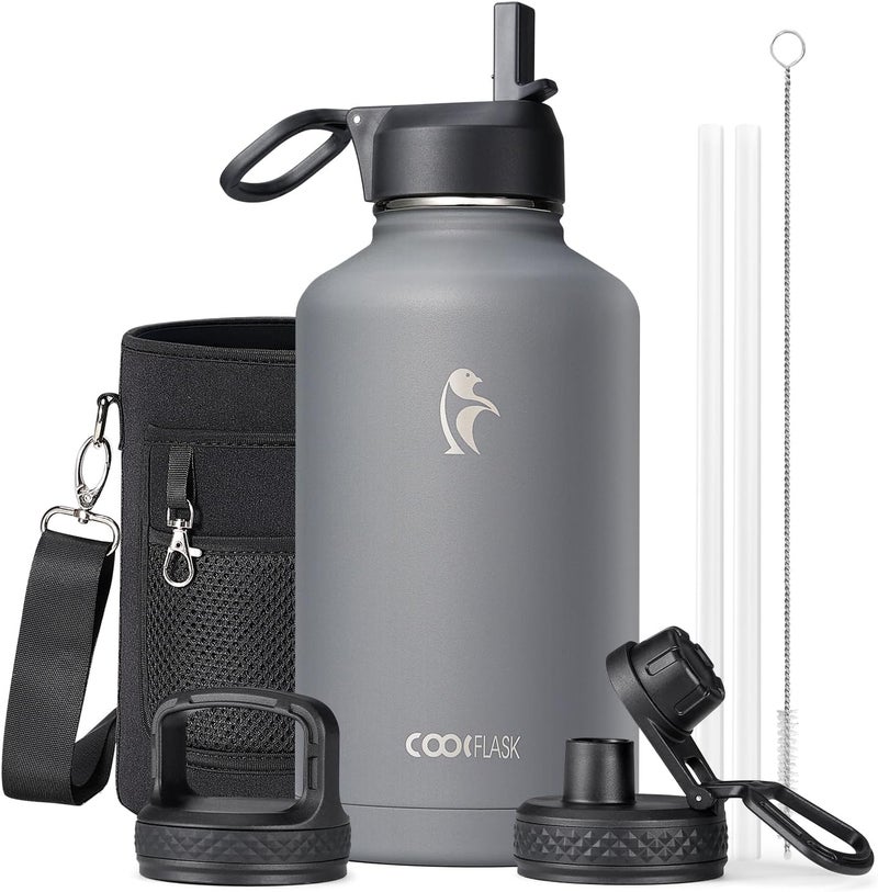 Coolflask Insulated Water Bottle 2L - 3 Lids with Straw & Spout & Handle, Leakproof Vacuum Stainless Steel Water Bottle for Sports, Travel, Gym, 48H Cold & 24H Hot, BPA Free, Slate Grey - Image 1