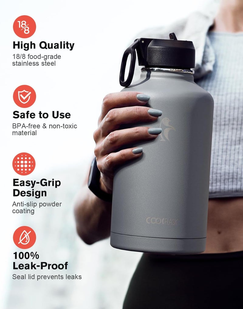 Coolflask Insulated Water Bottle 2L - 3 Lids with Straw & Spout & Handle, Leakproof Vacuum Stainless Steel Water Bottle for Sports, Travel, Gym, 48H Cold & 24H Hot, BPA Free, Slate Grey - Image 3