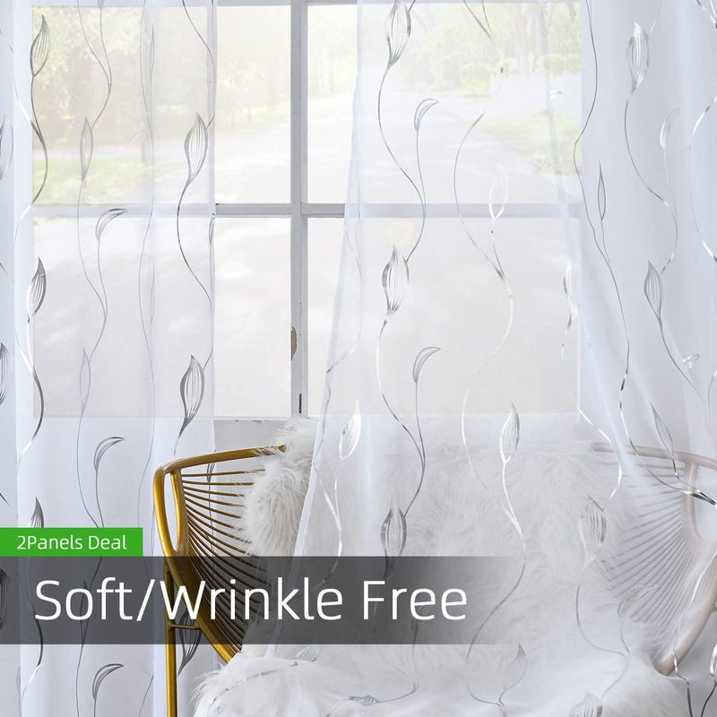 youleyar Silver Foil Print Voile Sheer Curtains,Wicker Grommet Top Window Drapes 84 Inches Long, Luxury Metallic Bronzing Treatment Panels for Home Window Decoration, 2 Panels - Image 3