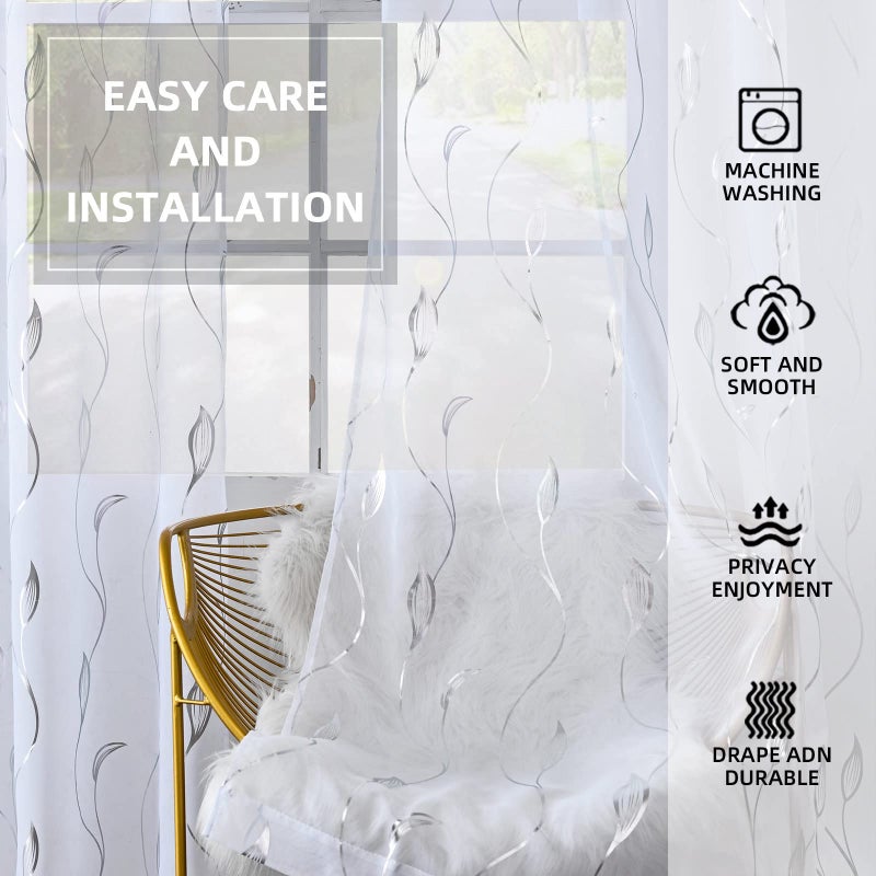 youleyar Silver Foil Print Voile Sheer Curtains,Wicker Grommet Top Window Drapes 84 Inches Long, Luxury Metallic Bronzing Treatment Panels for Home Window Decoration, 2 Panels - Image 4