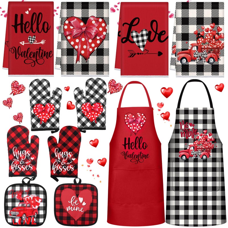 Newcotte 12 Pcs Valentineâ€˜s Day Cooking Gift Sets for Couples Mr and Mrs Valentines Chef Apron Lovely Kitchen Towels Plaid Oven Mitt and Pot Holders Kitchen Accessories for Valentineâ€˜s Day Gifts - Image 1