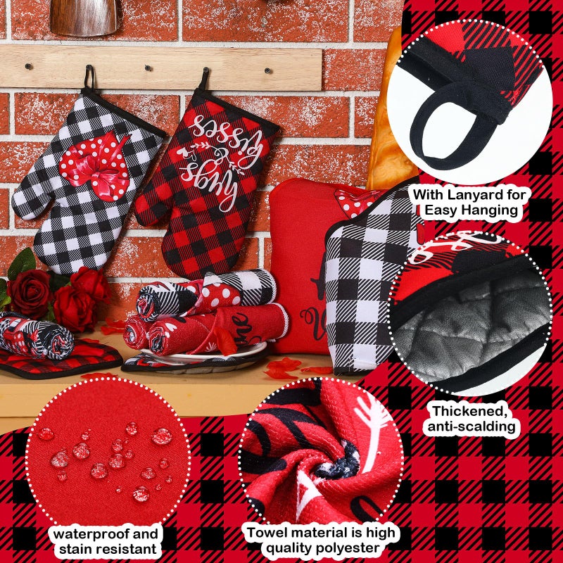 Newcotte 12 Pcs Valentineâ€˜s Day Cooking Gift Sets for Couples Mr and Mrs Valentines Chef Apron Lovely Kitchen Towels Plaid Oven Mitt and Pot Holders Kitchen Accessories for Valentineâ€˜s Day Gifts - Image 3
