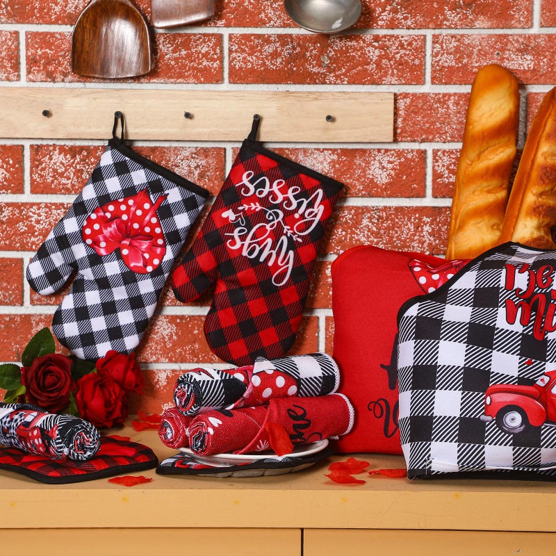 Newcotte 12 Pcs Valentineâ€˜s Day Cooking Gift Sets for Couples Mr and Mrs Valentines Chef Apron Lovely Kitchen Towels Plaid Oven Mitt and Pot Holders Kitchen Accessories for Valentineâ€˜s Day Gifts - Image 4