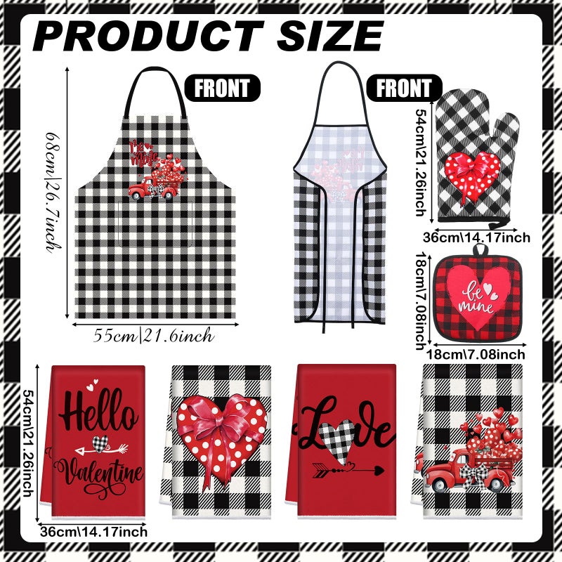 Newcotte 12 Pcs Valentineâ€˜s Day Cooking Gift Sets for Couples Mr and Mrs Valentines Chef Apron Lovely Kitchen Towels Plaid Oven Mitt and Pot Holders Kitchen Accessories for Valentineâ€˜s Day Gifts - Image 2