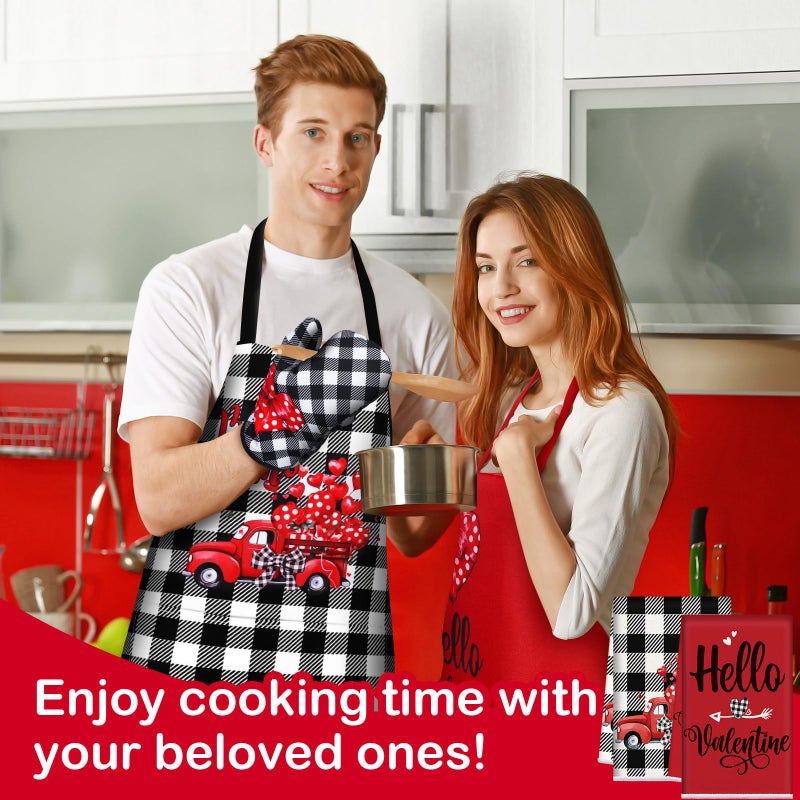 Newcotte 12 Pcs Valentineâ€˜s Day Cooking Gift Sets for Couples Mr and Mrs Valentines Chef Apron Lovely Kitchen Towels Plaid Oven Mitt and Pot Holders Kitchen Accessories for Valentineâ€˜s Day Gifts - Image 5