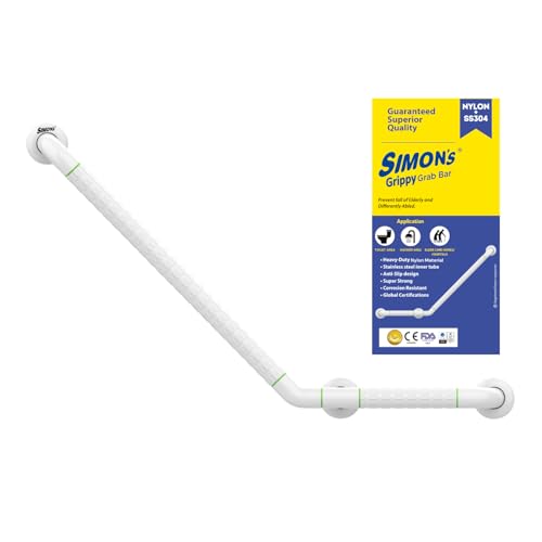 Simon's Grippy Heavy-Duty Nylon + SS304 Inside Bathroom and Toilet Anti Slip 90 Degree Grab bar for Elderly Hand Railing and Safety Handle| White | 3.5 cm Broad, 70cm X 50 cm L-Shape Grab Rail - Image 1