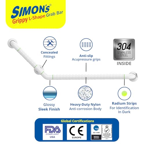 Simon's Grippy Heavy-Duty Nylon + SS304 Inside Bathroom and Toilet Anti Slip 90 Degree Grab bar for Elderly Hand Railing and Safety Handle| White | 3.5 cm Broad, 70cm X 50 cm L-Shape Grab Rail - Image 5